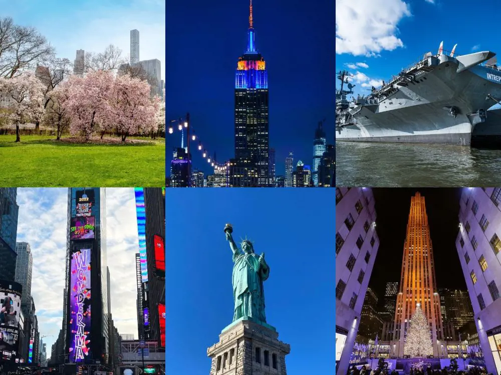 Photo collage of various landmark sites in NYC