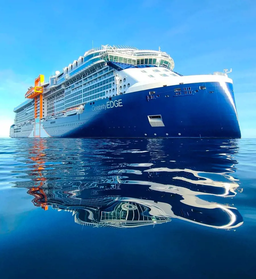The reflection of the docked Celebrity Edge that was named World's Greatest Places by Time Magazine