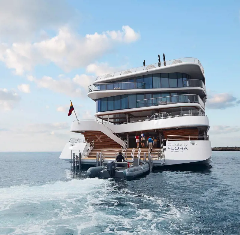 A rear view of the Celebrity Flora sailing in the Galapagos waters in 2021