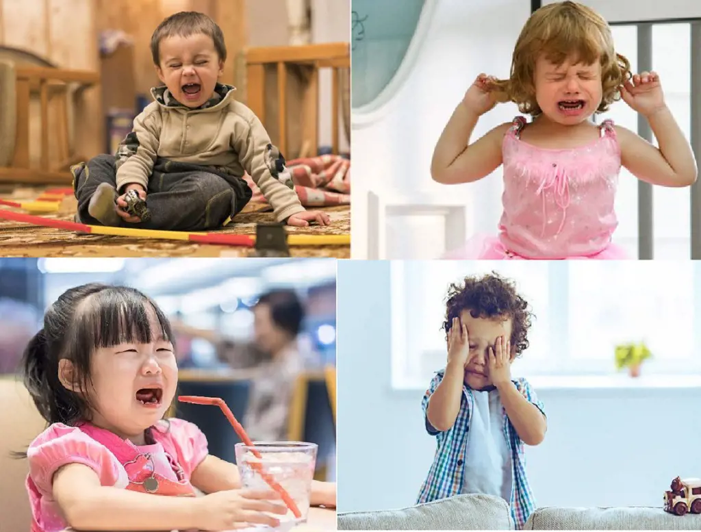 A picture collage showing toddlers crying at home, restaurant, and play area. 