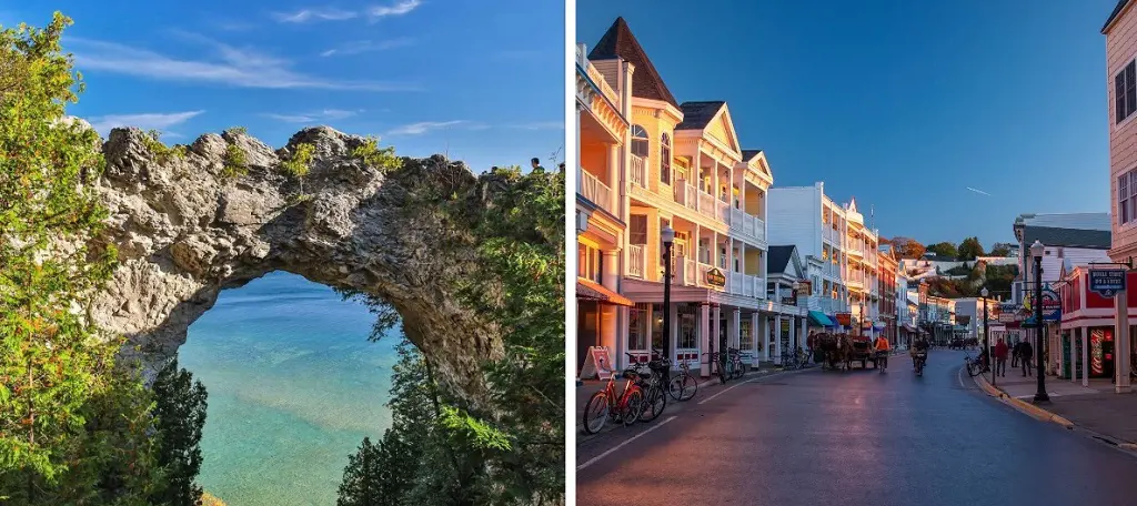 Arch Rock, a natural limestone arch, on the left. A beautiful town in the Mackinac Island on the right.