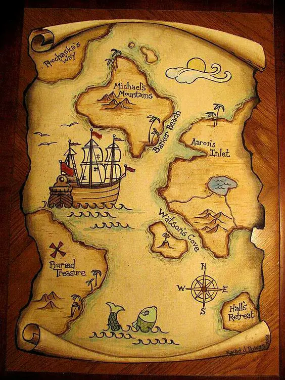 A hand drawn map showing a path to recover a buried treasure.