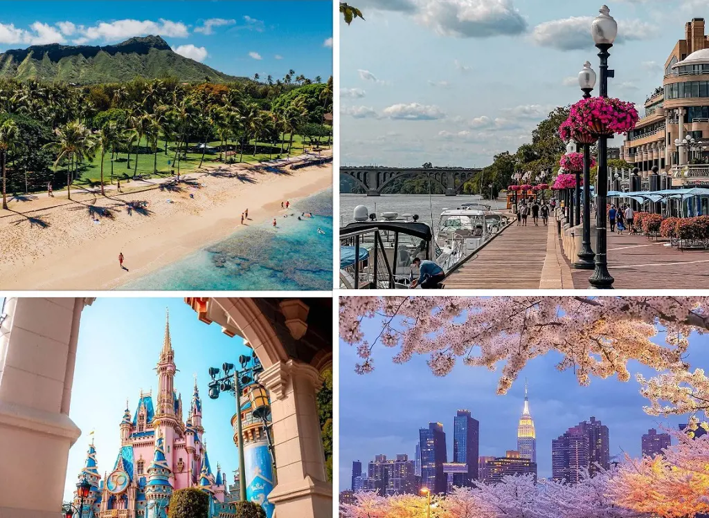Waikiki Queens Beach on top left, Magic Kingdom on bottom left (Photo By: @cainxcvii). Georgetown, DC on top right (Photo By: @its_minaattar) Hunter's Point South Park on bottom left (Photo By:Rommel Tan)