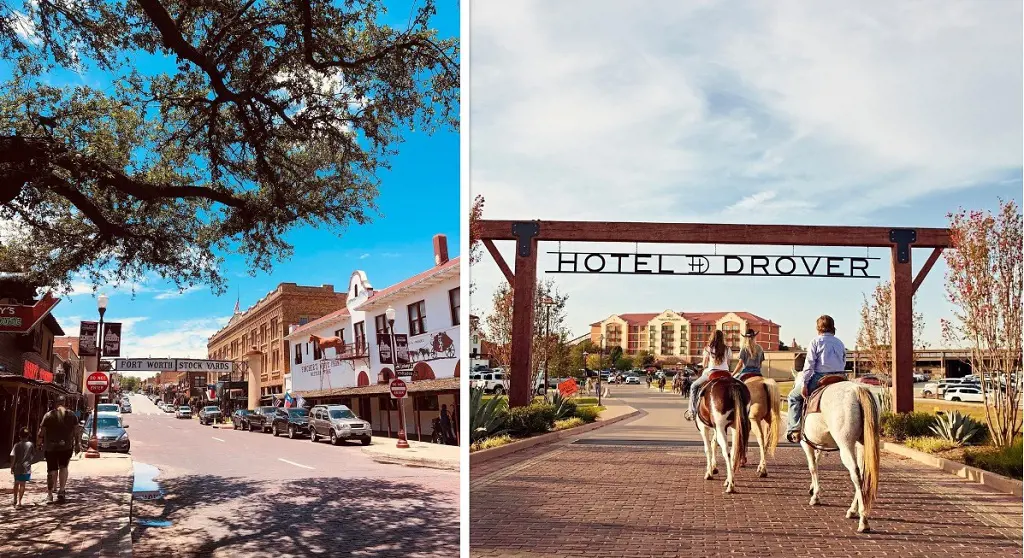 Fort Worth Stockyards National Historic District⁠ on the left (Photo By: @sharmanshores). Hotel Drover on the right (Photo Credit: Hotel Drover).