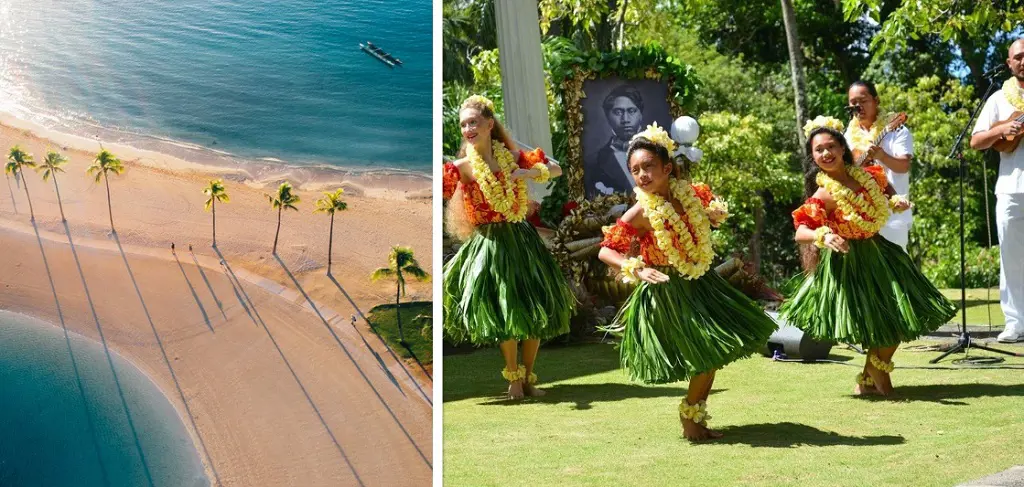 White sands of Waikiki on the left and Traditional Hula Dance on the left.