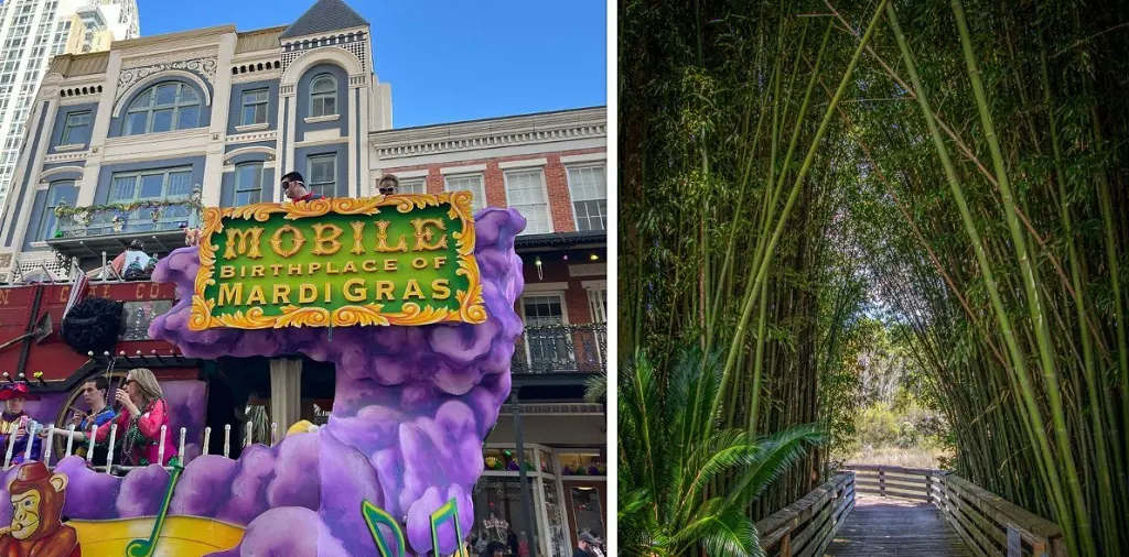 Mardi Gras festival on the left (Photo By: Bailey Motes). Bellingrath Gardens and Home on the right (Photo By: Jean Haynes)