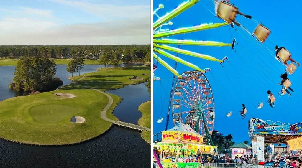 Man O War Golf on the left (Photo By: Myrtle Beach Golf). People having fun at the Family Kingdom Amusement Park on the right.