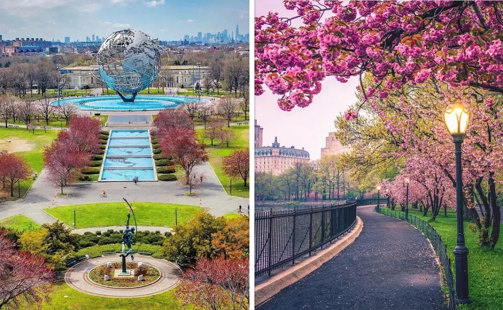 Flushing Meadows-Corona Park on the left (Photo By: @mingomatic). Central Park during spring on the right (Photo By @wdsfilm.)