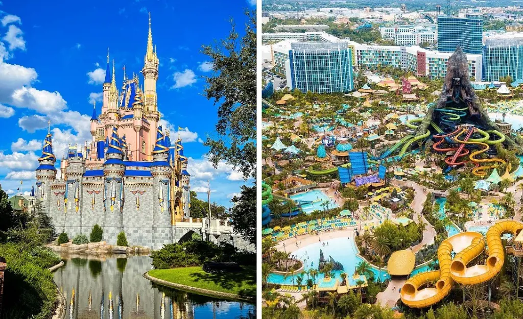 Magic Kingdom at the Walt Disney World Resort in left. Universal's Volcano Bay on the right (Photo By: Neto Nunes).