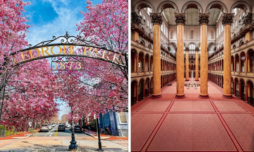 LeDroit Park on the left during springtime (Photo By: @ its_dc_darling). On the right is the National Building Museum (Photo By: Natasha Bearden).
