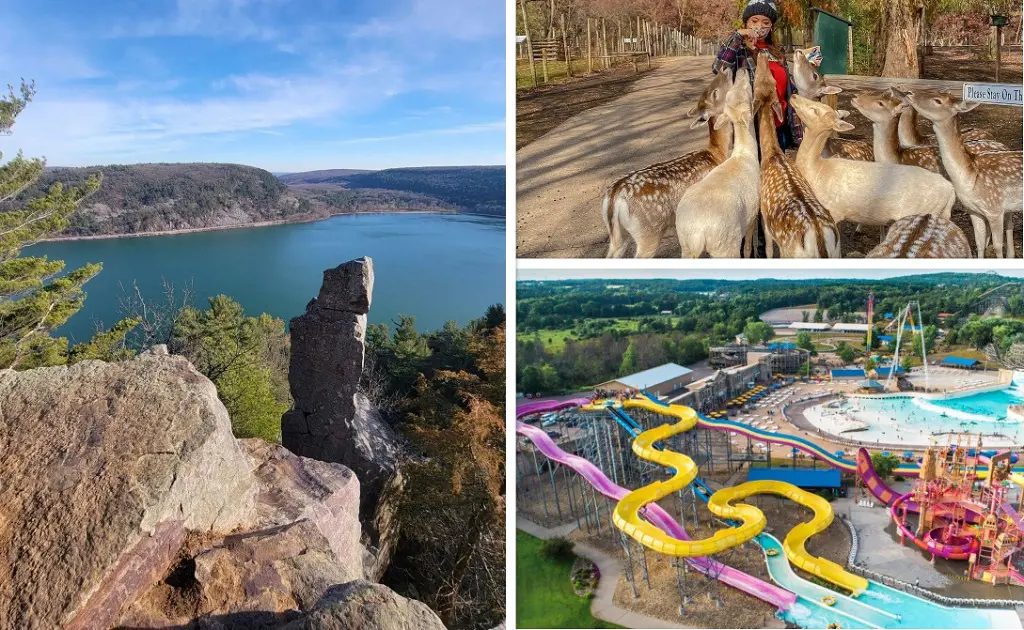 Devil's Lake State Park on left (Photo By: Joel Blair). Feeding the deer at Wisconsin Deer Park on top right (Photo By: Jenny Anderson) An image of Mt. Olympus Theme Park on the bottom Right.
