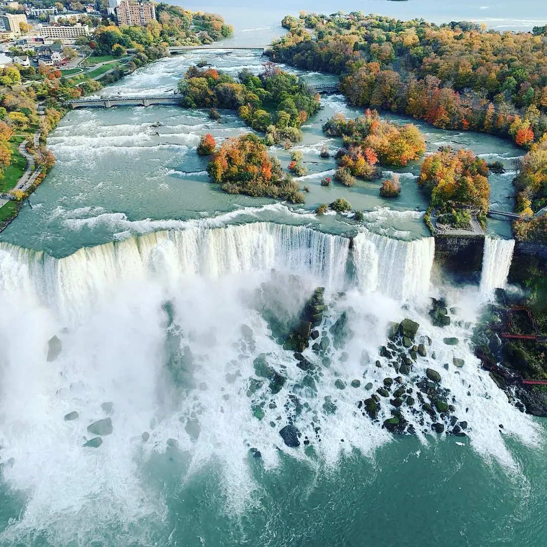 Aerial view of the falls from helicopter tour organized by Rainbow Air Inc.