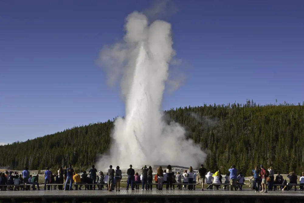 People standing near Old Faithful in Yellowstone National Park