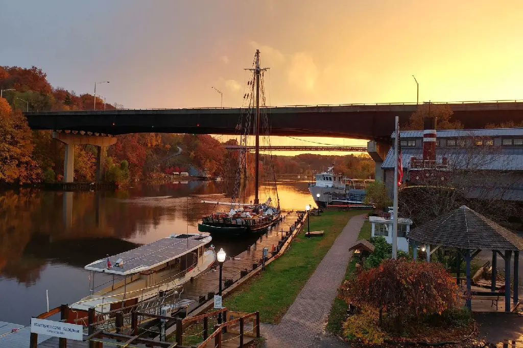 Sunset view of Hudson River Maritime Museum's solar-powered boat